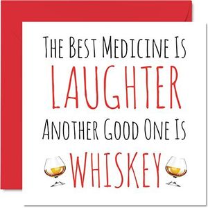 Grappige Get Beters-kaarten voor mannen en vrouwen - Beste medicijn is lachen Een ander is whisky, snelle herstelkaart, 145 mm x 145 mm graphumor beterschap wenskaarten voor vriend broer zus collega
