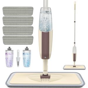 Spray Mop voor het reinigen van vloeren, HOMTOYOU Floor Mop Dry Wet Spray Mop met 2 Hervulbare Flessen en 4 Herbruikbare Microvezel Pads voor Hardhout Laminaat Vinyl Tegel Houten Vloer