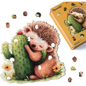 Figured'Art Houten puzzel voor volwassenen en kinderen, 200 stukjes, dieren, egel en cactus, origineel design, 28,2 x 28,5 cm, unieke vorm met premium houten doos, perfect om cadeau te geven