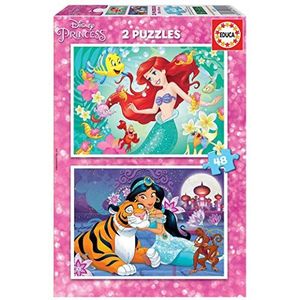Educa 18213, Arielle en Jasmin, 2 x 48 stukjes puzzel voor kinderen vanaf 4, Arielle de zeemeermin, Aladdin