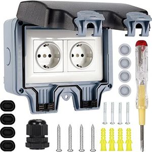 Waterdicht extern stopcontact - IP66 buitenstopcontact, tuinstopcontact, 16 A, dubbel opbouwstopcontact, buitenstopcontact met schroevendraaier, wandcontactdoos voor vochtige ruimtes buiten