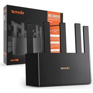 Tenda RE3L WLAN 7 Router BE3600 Dual Band Mesh WiFi, WAN/LAN Gigabit poorten, 5 verticale antennes, 4K-QAM, MLO, NFC, VPN, WPA3, besturing via app