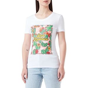 Love Moschino Dames korte mouwen in stretch katoenen jersey met cactus en logo T-shirt, wit (optical white), 42 NL