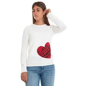 Love Moschino Dames Slim Fit Long-Sleeved met Red Heart Jacquard Intarsia On The Front. Pullover, wit, 38