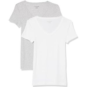 Amazon Essentials Women's T-shirt met korte mouwen en V-hals in slanke pasvorm, Pack of 2, Lichtgrijs/Wit, L