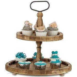 Nuptio Houten Dienblad met 2 Niveaus Taartstandaard Afternoon Tea Stands, Rustieke Taartstandaards Boerderij Dienblad Standaard Zoete Standaard voor Bruiloft Verjaardag Kerst Halloween Party