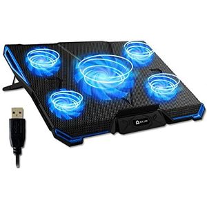 KLIM Cyclone - Laptopkoeler + Stand + maximale koeling + Voorkom oververhitting + Bescherm uw laptop + 5 fans 2200 & 1200 tpm + koelkussen voor computer PS5 PS4 Xbox One + Blue New versie