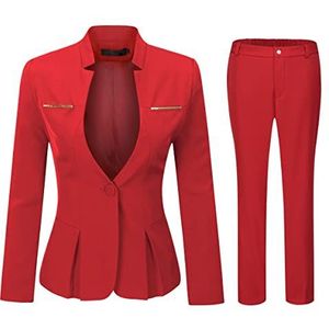YYNUDA Damespak, 2-delig, slim fit, één knoop, blazer, jas, kantoor, werk, broek, kostuums, rok, kostuums, Rood 1, M