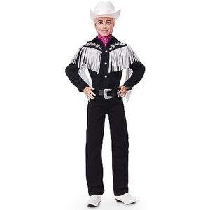 ​Barbie The Movie, Verzamelpop Ken in zwarte outfit met witte franje, cowboyhoed en laarzen, met een roze bandana, HRF30