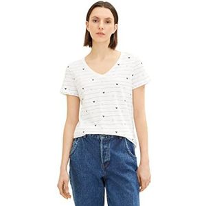TOM TAILOR Dames T-shirt 1036194, 32078 - Offwhite Lines Hearts Design, XXL