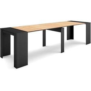 Skraut Home | Uitschuifbare Consoletafel | Console table | 300 | Voor 14 personen | Tafel | Moderne stijl | Zwart/Eiken