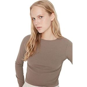 Trendyol Dames vrouw loungewear getailleerde Bodycon ronde hals geweven blouse shirt, nertskleur, L, Mink Kleur, L