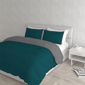 Italian Bed Linen Natuurlijke kleur Dekbedovertrek Set met Doubleface Effen Kleur Tas Sheet en Kussensloop, 100% Katoen, Petrolgroen/Donkergrijs, dubbele