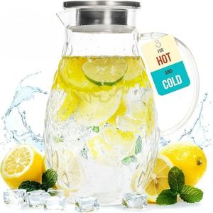 Waterkan met Deksel en Filter - 2L - Glazen Waterfles - Waterkaraf Voor Warme en Koude Dranken - Karaf Met Uniek Diamant Patroon