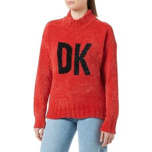 DKNY Chunky Chenille Logo Turtleneck Pullover Sweater, Scarlet/Black, S, scarlet-black, S