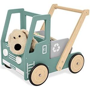 Pinolino Wooden Learn-Walk-Wagon 'Kipplaster Fred' met remsysteem, rubberen houten wielen en gekantelde troggen, groen en kleurrijk geverfd