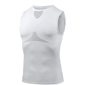 AMZSPORT Heren compressieshirt sport tanktop mouwloos functioneel shirt loopshirt, 111012-wit, L
