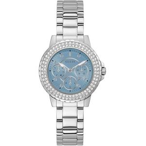 GUESS Dames Sport Crystal Multifunctioneel 36mm Horloge, Zilveren Toon/Blauw/Zilver Toon, JUWEL KROON