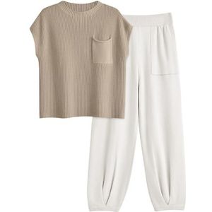 LILLUSORY 2-delige gebreide sets voor dames trendy joggingpaksets, Wit, M