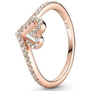 Pandora Sparkling Wishbone Heart 14-karaats rosévergulde wishbone-ring met heldere zirkoniasteentjes, 58