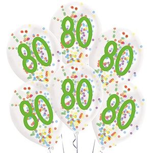 Amscan 9909844 - latex ballonnen confetti, getal 80, 6 stuks, ongeveer 27,5 cm, met vulling, cijferballonnen, verjaardag, decoratie, cadeau, vierjarig