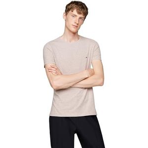 Tommy Hilfiger Heren T-shirt met korte mouwen en ronde hals en stretch slim fit, Bruin (Heathered Pebble), 3XL grote maten