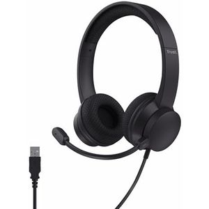 Trust Roha II On-Ear USB Headset met ENC Noise Cancelling Microfoon, Lichtgewicht Koptelefoon met Kabel 1.8 m, 85% Gerecycled Plastic, Headphones voor PC Laptop Thuiswerken Teams Zoom, Zwart