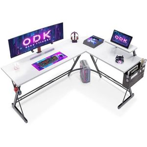 ODK Gaming tafel, gamingbureau hoekbureau voor gamers, bureau L-vorm met monitorstandaard voor kantoor (Wit, 167 x 120 cm)