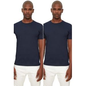 Trendyol Men's Navy Blue Basic Slim Fit T-shirt voor heren, 100% katoen, 2 stuks, ronde kraag, korte mouwen, extra large