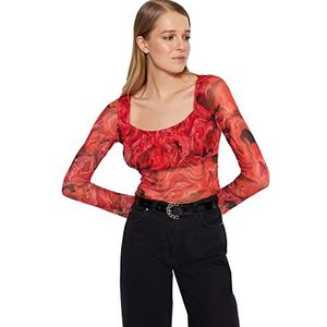 Trendyol Abstracte damesblouse met lange mouwen en slanke pasvorm, rood, XS