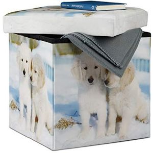 Relaxdays Kruk met opbergruimte, opbergdoos met hondenmotief, opvouwbare zitkubus HBT: 38 x 38 x 38 cm, kleurrijk