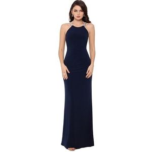 Betsy & Adam Women's Long Halter Neck Sleeveless Gown with Rhinestone Straps, Navy