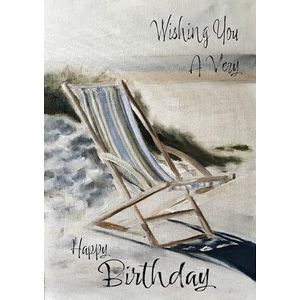 Verjaardagskaart met strandscène dekstoel voor hem of haar man of vrouw