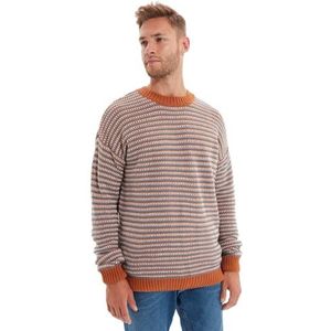 Trendyol Heren ronde hals gestreepte regular sweater sweatshirt, camel, L, Kameel, L