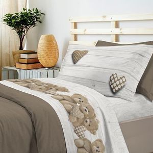 PENSIERI DELICATI Beddengoedset voor Frans bed, 100% katoen, beddengoedset voor Frans bed, 120 x 200 cm, inclusief hoeslaken, laken en 1 kussensloop, gemaakt in Italië, motief: beertjes, beige