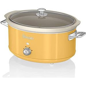 Swan Retro SF17031YELNIEUW Kookpan, 6,5 l, afneembare container, anti-aanbaklaag, keramiek, PFOA en PTFE, 3 temperatuurniveaus, glazen deksel, slowcooker, vintage design, geel, 320 W