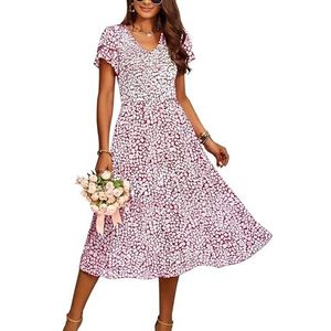 BTFBM Vrouwen Casual Zomer Korte Ruches Gelaagde Mouw Gesmokte Midi Jurken Bohemian Bloemen V-hals Bruiloft Gast Lange Jurken, Bloemen Wijn Rood, XL