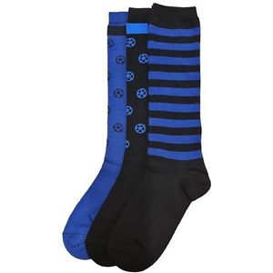 Fontana Calze, 3 paar lange sokken voor jongens van warm elastisch katoen, Italiaans product, ZWART-BLAUW, 35-38