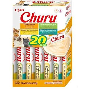 INABA Churu Puree Multipack - Kattentraktaties om te voeden. Totaal 20 tubes: 5x tonijn met zalm, 5x tonijn met garnalensmaak, 5x tonijn & bonito en 5x tonijn met zeevruchten