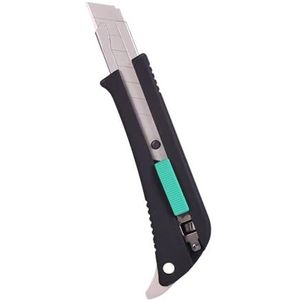 18 mm intrekbare cutter in elegant zwart. Biedt precisie en veiligheid met zijn vergrendeling, ergonomisch ontwerp en roestvrijstalen geleiding. Compact: 1,8 x 16,5 x 5 cm voor comfortabel gebruik.