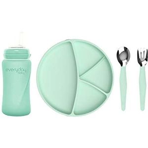 Everyday Baby Drink- en eetset II, vanaf 6 maanden, 1 glazen fles met rietje Straw Cup (240 ml), 1 lepel, 1 vork, 1 siliconen bordje, mint green, 4 stuks, 30821 0301 01