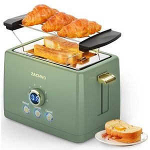Broodrooster 2 sneetjes - ZACHVO broodrooster met broodjesopzetstuk, 6 bruiningsstanden - 850 W broodrooster met uitneembare kruimellade, led-scherm - High Lift, opwarmen, ontdooien, afbreken functie
