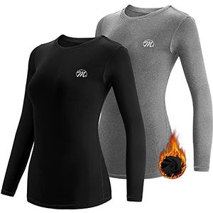 MEETWEE Thermo-ondergoed voor dames, winteronderkleding voor dames, top en onderkant met lange mouwen, sneldrogend, lang ondergoedpak met fleece gevoerd voor hardlopen, skiën training, Zwart+grijs, M