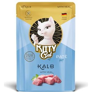 KITTY Cat Paté Kalb, 48 x 85 g (grote verpakking), natvoer voor katten, graanvrij kattenvoer met taurine en zalmolie, compleet voer met een hoog vleesgehalte, Made in Germany