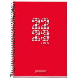 MIQUELRIUS - Kalender september 2022 augustus 2023 - dag pagina - grootte plus: 15 x 21,3 cm - tweetalig: Spaans, Engels, School - rood