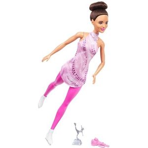 Barbie Beroepen modepop en accessoires, brunette in verwijderbaar roze schaatspak met schaatsen en beker, HRG37