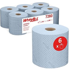 WypAll L20 General Clean 7260 blauwe wisdoek voor reiniging en onderhoud, 2-laagse rol met centrale uitneming, 6 blauwe rollen met elk 550 papieren reinigingsdoekjes (totaal aantal 3.300)
