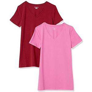 Amazon Essentials Women's T-shirt met korte mouwen en V-hals in klassieke pasvorm, Pack of 2, Bordeauxrood/Roze, XXL