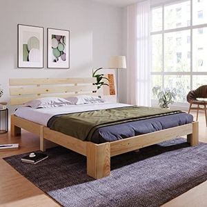 Merax Massief houten bed, tweepersoonsbed, bedframe van hout met hoofdeinde en lattenbodem, 140 x 200 cm, houten lattenondersteuning, opbergruimte onder het bed, slaapkamermeubels, eikenkleurig