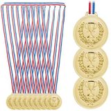 Relaxdays medailles voor kinderen, set van 12, Ø 6 cm, plastic, met lint, kindermedaille, sportdag, kinderfeestje, goud